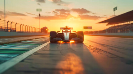 Formula 1 Racing car on track at sunset close up, back view. Racing car on track during F1 gran prix or qualification. Formula 1 gran prix, world championship, qualification broadcasting