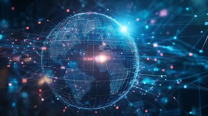 Wall Mural - A glowing digital globe surrounded by vibrant network connections and data points, symbolizing worldwide connectivity and the power of advanced technology in the cyber world