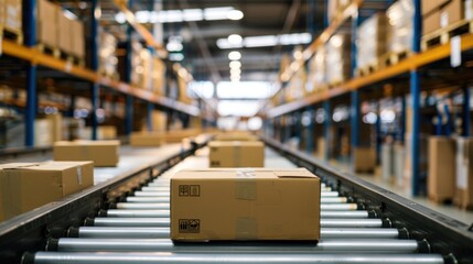 A shipping warehouse with packages being sorted on conveyor belts.