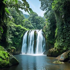 Wall Mural - waterfall-cascade-in-tropical-green-rainforest