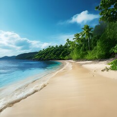 Poster - tropical-sandy-beach-blue-sea-and-green-forest-on-background-in-sunny-weather