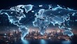 © pjjaruwan - World map with flight paths and connected cities over modern city at night.