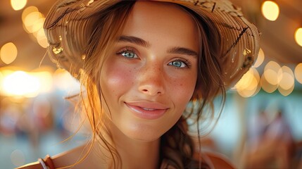 Wall Mural - beautiful young woman at summer festival looking at camera