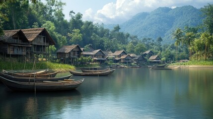 Wall Mural - Tranquil Village by the Lake