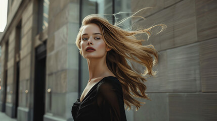 Wall Mural - A woman with long blonde hair is standing in front of a building