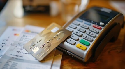 A close-up of a credit card and a receipt on a payment terminal.