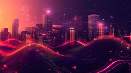 Poster - A smart city concept featuring abstract dot connections with gradient lines and aesthetically intricate wave patterns, symbolizing big data and advanced technology connectivity.