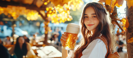 Young sexy Oktoberfest waitress, wearing a traditional Bavarian dress. People drinking beer at Octoberfest