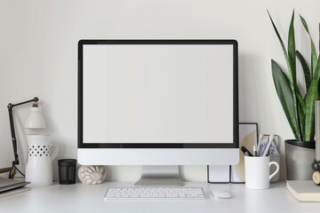 A monitor blank photo frame mockup displaying and natural elements, 3d render