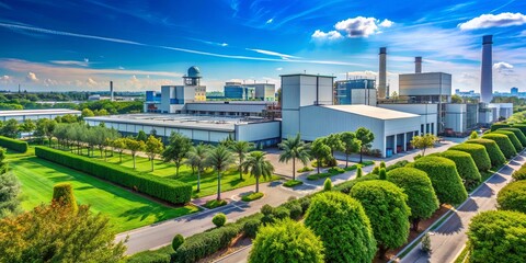 Industrial area with clear blue skies, surrounded by lush green plants