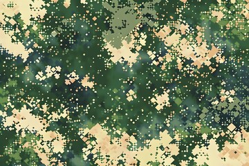 An army camouflage pattern with a pixelated, glitchy look. The background is green and beige, with small white flowers scattered across it in an intricate design. There is no text or other elements on