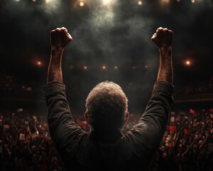 A man stands with raised fists, triumphantly facing a cheering crowd, illuminated by dramatic stage lighting in a powerful moment.