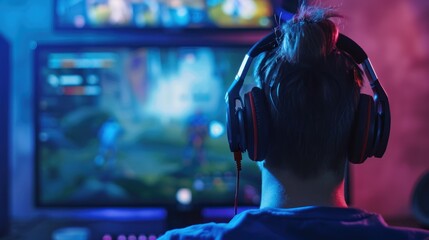 A person streaming a live video game on a computer with a headset and microphone.