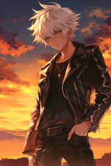 Young man with white hair wearing a black leather jacket, standing confidently against a dramatic sunset sky, with a serious and intense expression