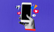© chayanit - Hand hold mobile phone heart like love follower, social media creative concept. Art collage digital pop modern art.