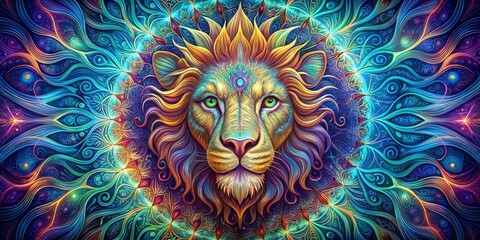 psychedelic lion head with symmetrical mandala shapes, a mystical emblem for shamanic guidance