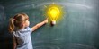 © Working Moments - Little Girl Pointing to a Lightbulb on a Green Chalkboard, Classroom , Education , Creativity, Idea