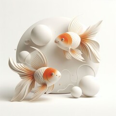 Canvas Print - a pair of gold minimalist 3d fish, white background