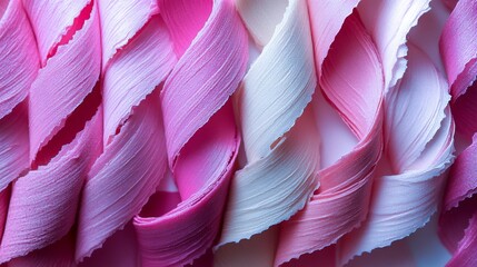 Close-up of twisted ribbons made of pink and white creamy texture, showcasing a soft, layered and smooth appearance..