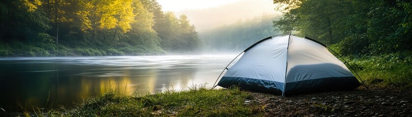 A tranquil camping scene by a serene lake, showcasing a tent surrounded by lush nature and soft morning light.