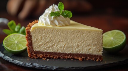 Wall Mural - Slice of key lime pie with whipped cream topping on white plate