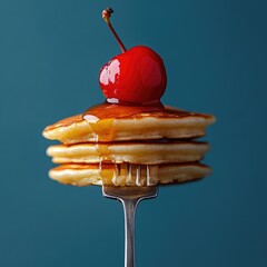 Wall Mural - drizzling maple syrup on stack of pancakes with cherry on top