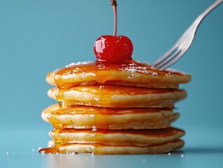Wall Mural - drizzling maple syrup on stack of pancakes with cherry on top