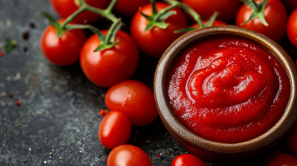 Wall Mural - “Close-up of fresh red tomatoes next to a bowl of tomato ketchup. The image highlights the vibrant color and texture of the tomatoes, with the rich, smooth ketchup providing a complementary contrast.”