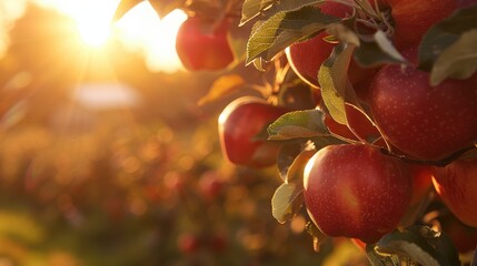 Red apples on a tree at sunset with a rustic rural fuzzy background