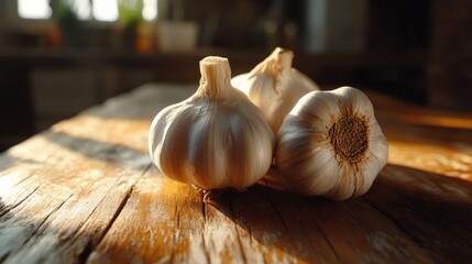 Wall Mural - Garlic bulbs on wooden table