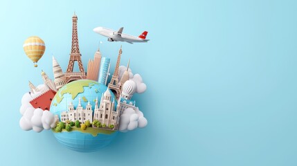 explore the world - 3d globe with famous landmarks emerging, sky background with soft clouds and cop