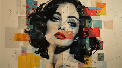 Wall Mural - modern pop art portrait of beautiful woman with dark brown hair contemporary paper collage. retro vi
