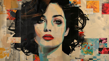 Wall Mural - modern pop art portrait of beautiful woman with dark brown hair contemporary paper collage. retro vi