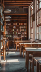 School library with neat bookshelves, wooden study tables
