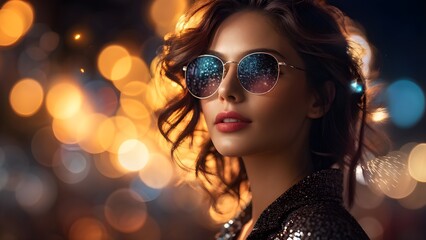 woman with sun glasses standing against sparkling bokeh lights at night