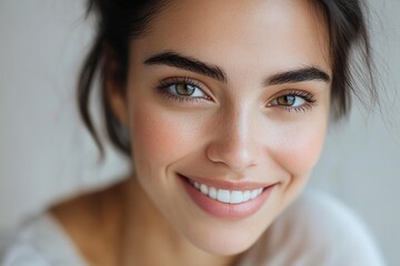 Close-up portrait of smiling young female with bright eyes and f