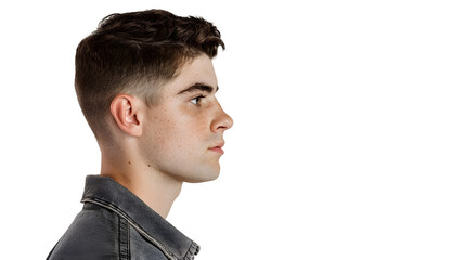 Profile shot of young serious man, teenage college student looking left, showing one side of face and haircut, standing against white background