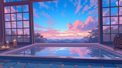 Wall Mural - Tranquil sunset view from a modern bathroom with a soaking tub and candles.