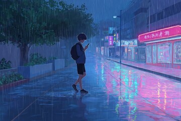 A young male in a blue jacket stands alone in the rain, checking his phone.