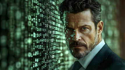 A man with a serious expression stands in front of a wall of digital code.
