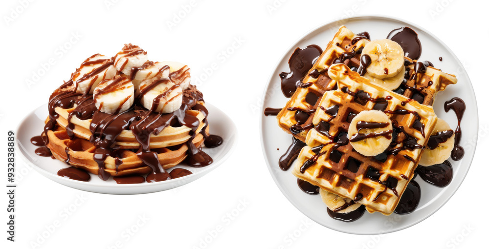 Breakfast waffles with bananas and chocolate sauce ,side and top view ...