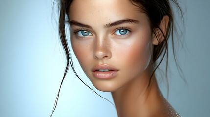 Close-up portrait of a beautiful woman with blue eyes and freckles.