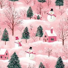 Pink Christmas seamless pattern with snowmen, houses, and trees. Winter forest landscape