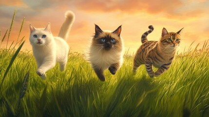 Wall Mural - Three cats are running through a field of grass