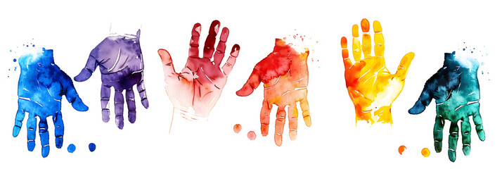 Wall Mural - Set colorful hand print, paint watercolor isolated on white, clipping