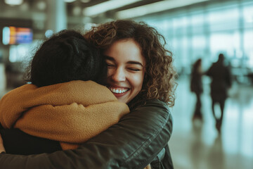 Two friends share a joyful reunion hug at an airport, enveloped in an emotional and warm atmosphere. The scene captures the heartfelt moment of reconnecting, filled with happiness and warmth.