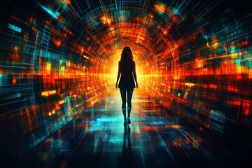 Wall Mural - A lone figure silhouetted against backdrop of vibrant colorful lights in digital tunnel representing journey into digital world personal exploration and intersection of technology and individuality