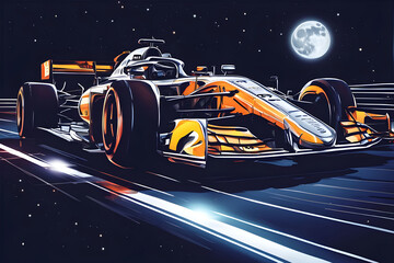 A captivating illustration of a closeup formula 1 car racing on the circuit at night full moon neon colors ai generated