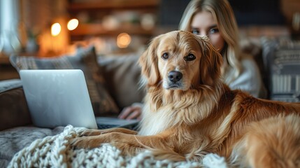 midsection of teenage girl withdog sitting onsofindoors working onlaptop