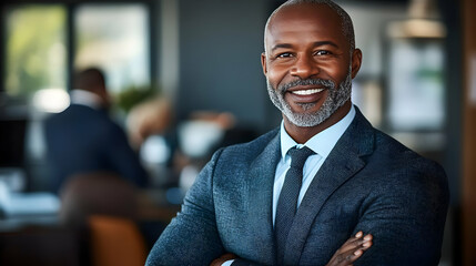 Confident businessman smiling with arms crossed.